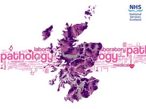 Photo of map of Scotland with a pathology wordle in the background; the NHS Scotland logo is in the top right corner