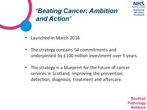 Presentatino slide with information on Beating Cancer: Ambition and Action